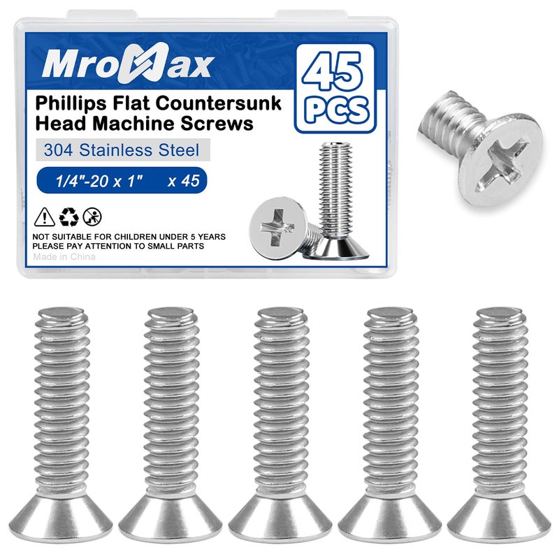 MroMax 45Pcs 1/4"-20 x 1 Phillips Flat Head Machine Screws, 304 Stainless Steel(18-8), UNC Coarse Thread, Countersunk Head Machine Screws, Phillips Drive #3 - Image 1